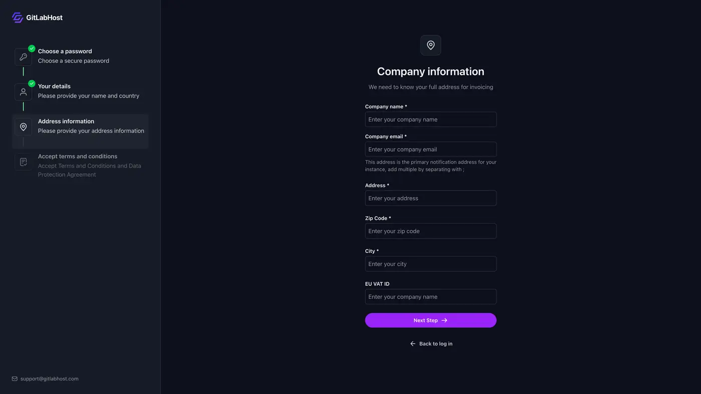 GitlabHost Dashboard screenshot: /auth/register/address-company/