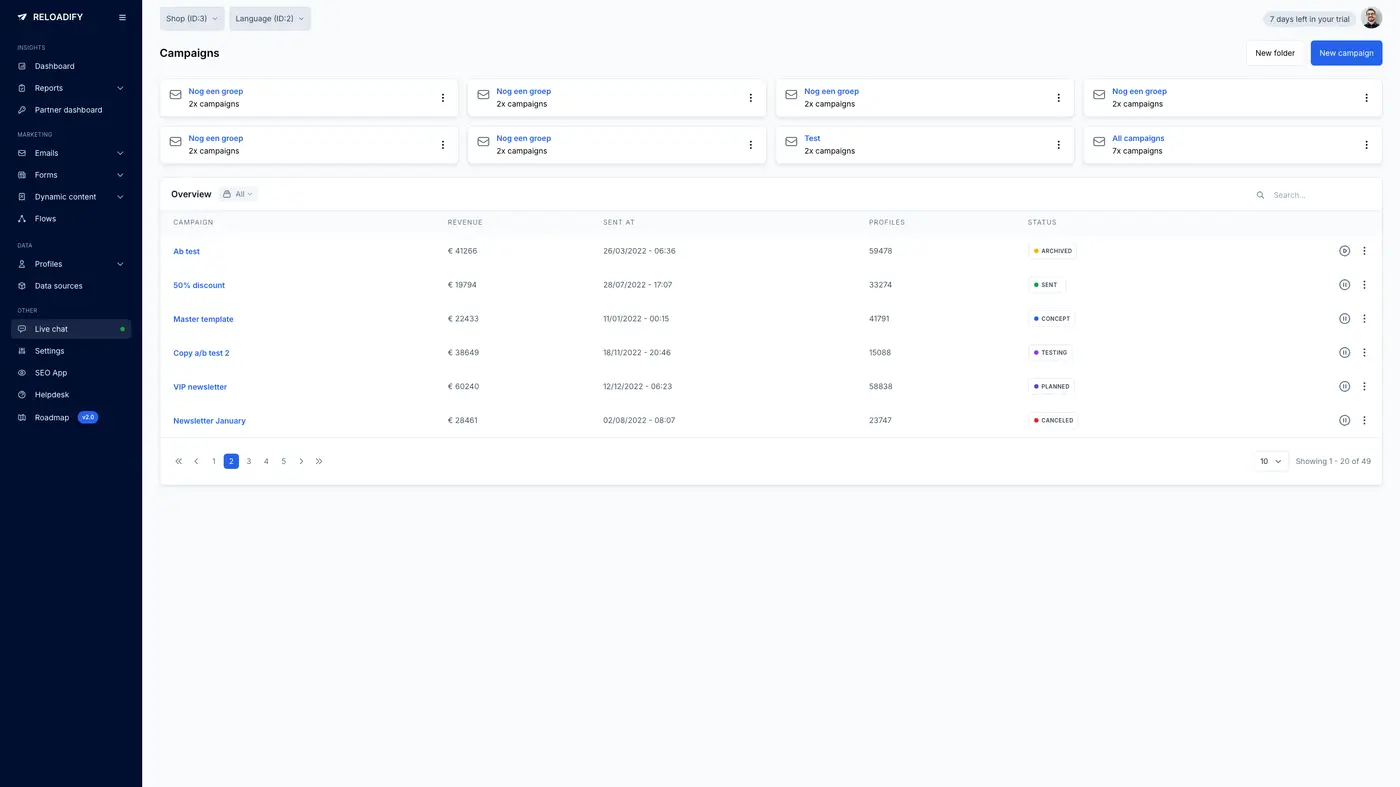 Screenshot van Reloadify App: Email / Campaigns / Overview folders