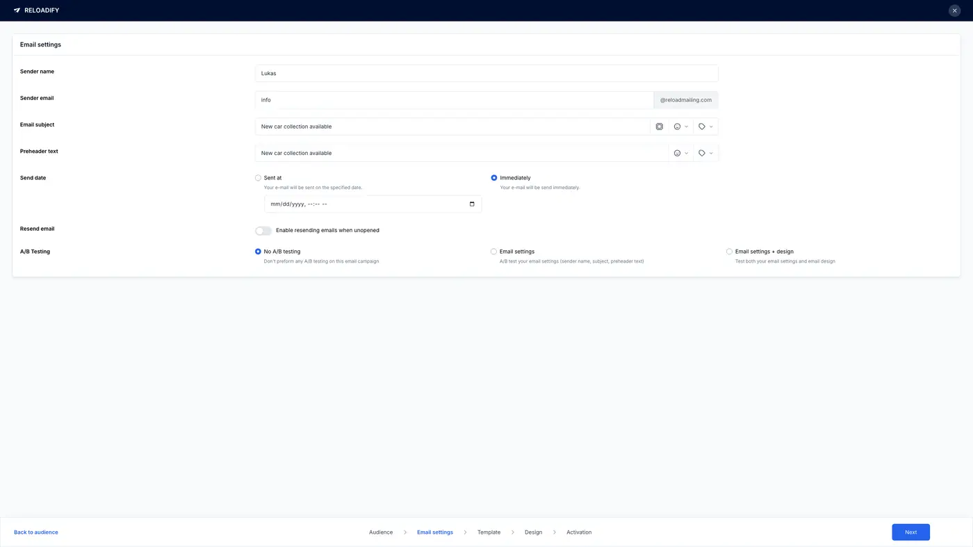 Screenshot van Reloadify App: Email / Campaigns / Step2