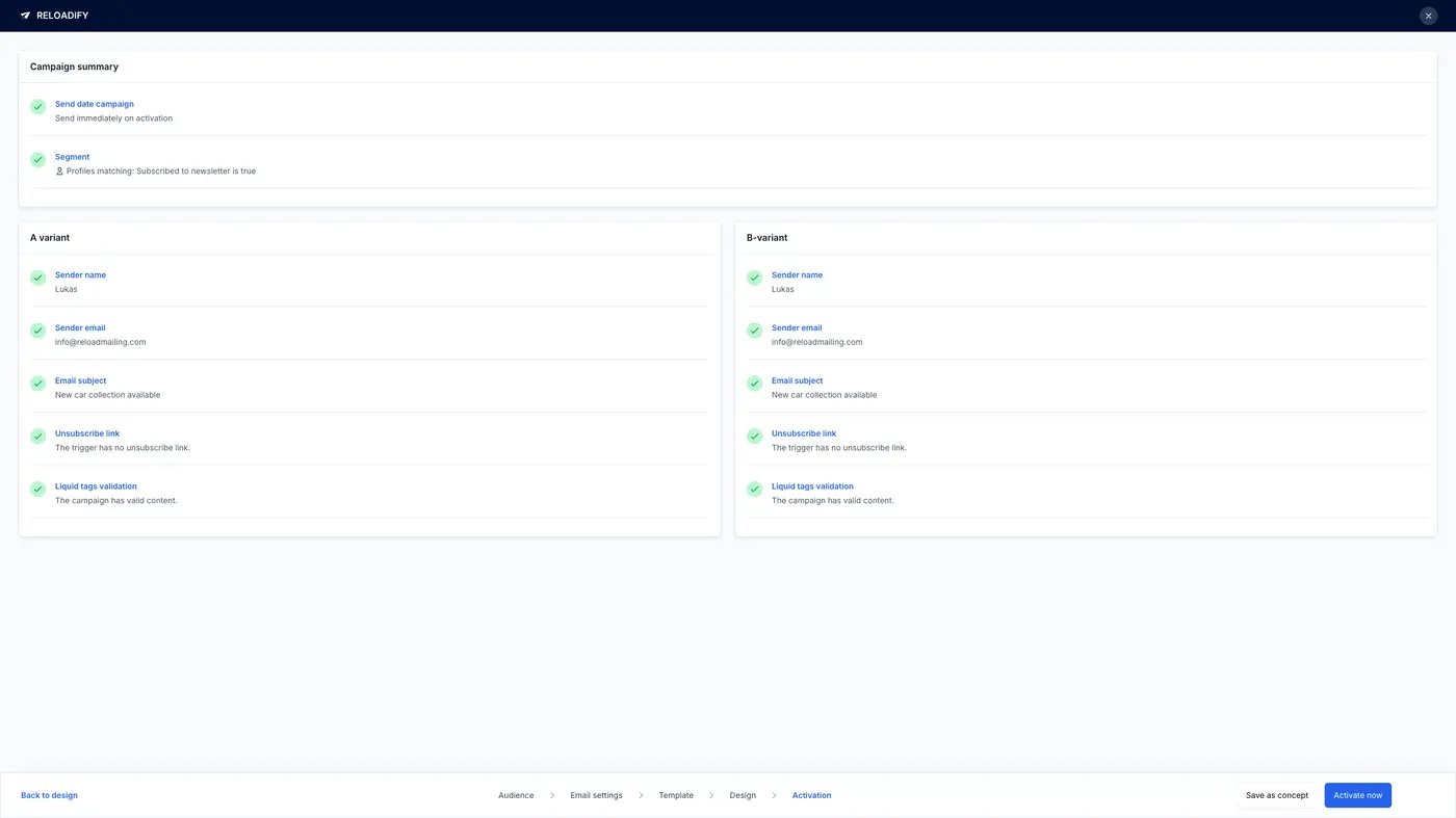 Screenshot van Reloadify App: Email / Campaigns / Step5 ab