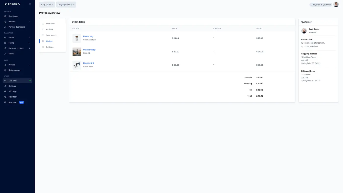 Screenshot van Reloadify App: Profiles / Order