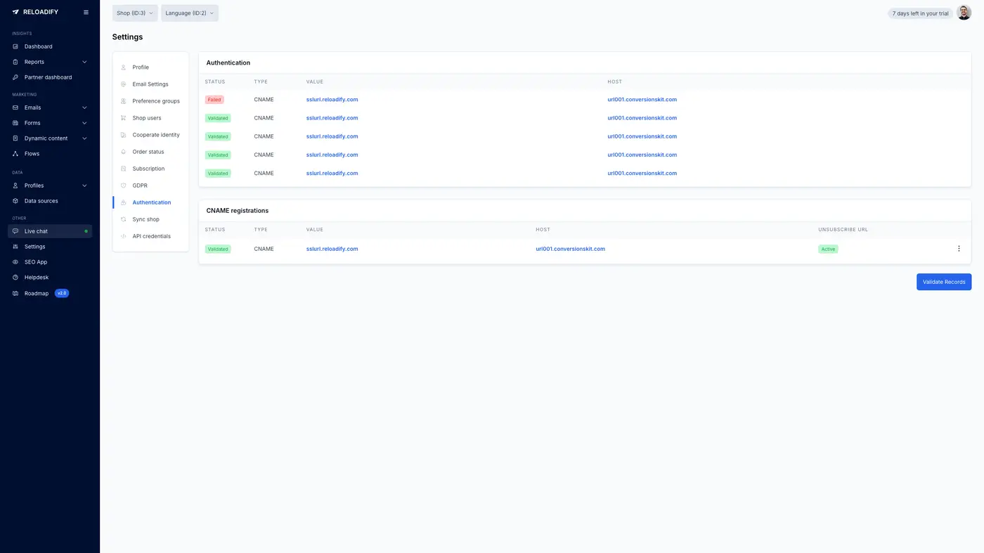 Screenshot van Reloadify App: Settings / Authentication
