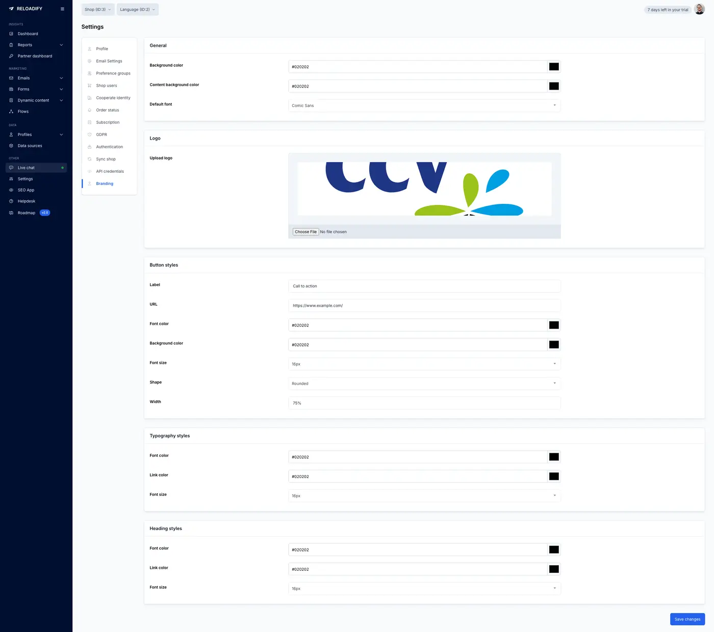 Screenshot van Reloadify App: Settings / Branding
