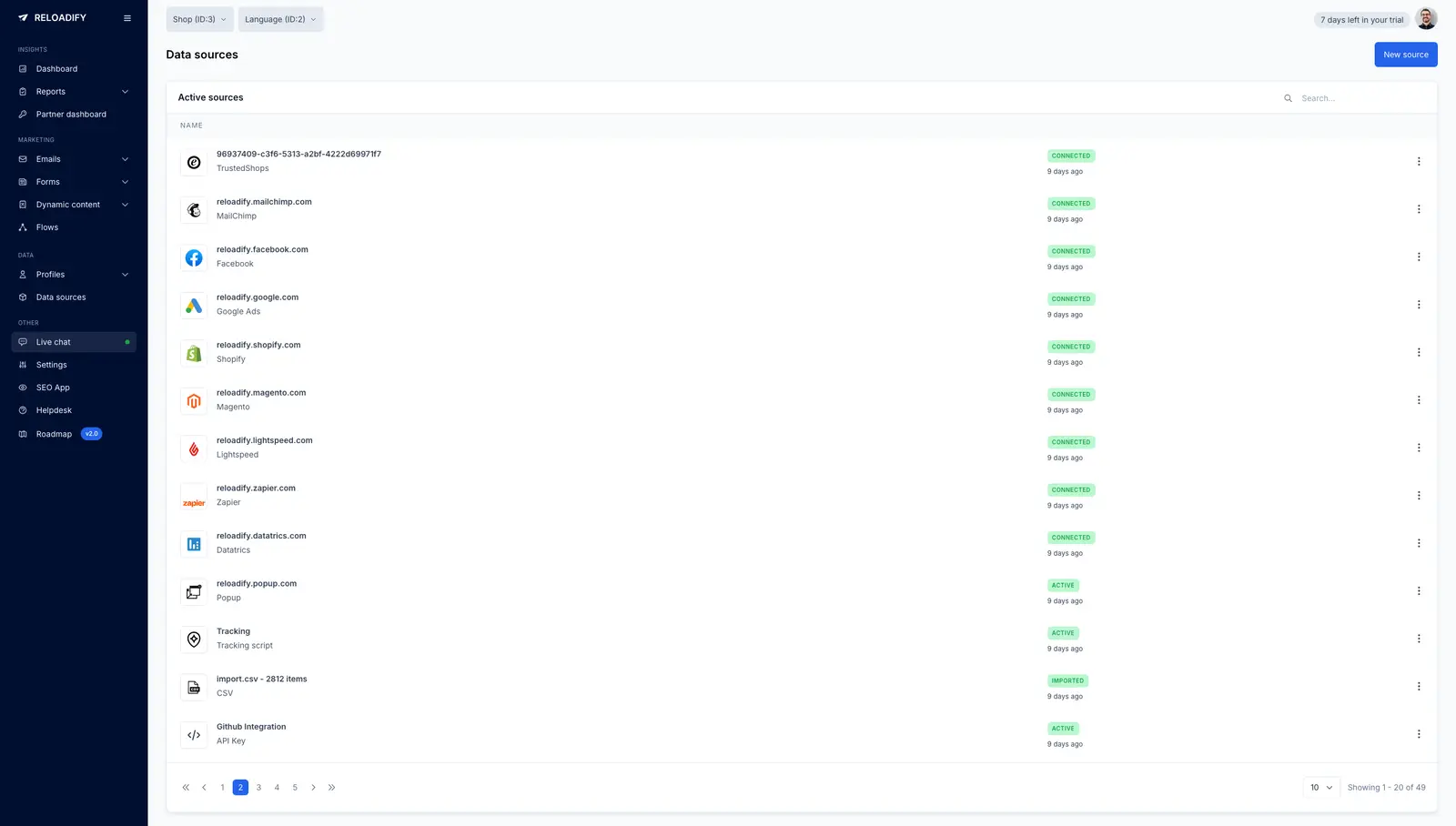 Reloadify App screenshot: Data sources / Overview