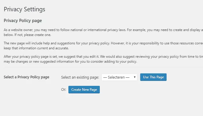 WordPress scherm voor het selecteren van een privacypagina