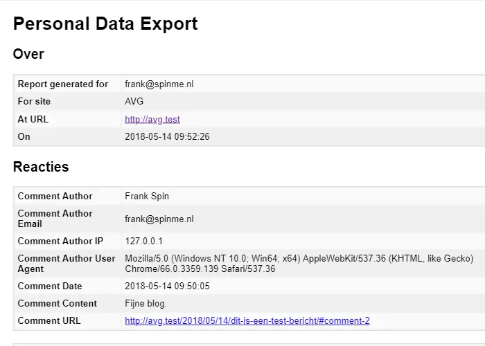 WordPress bevestigingsmail voor een gegevensexport