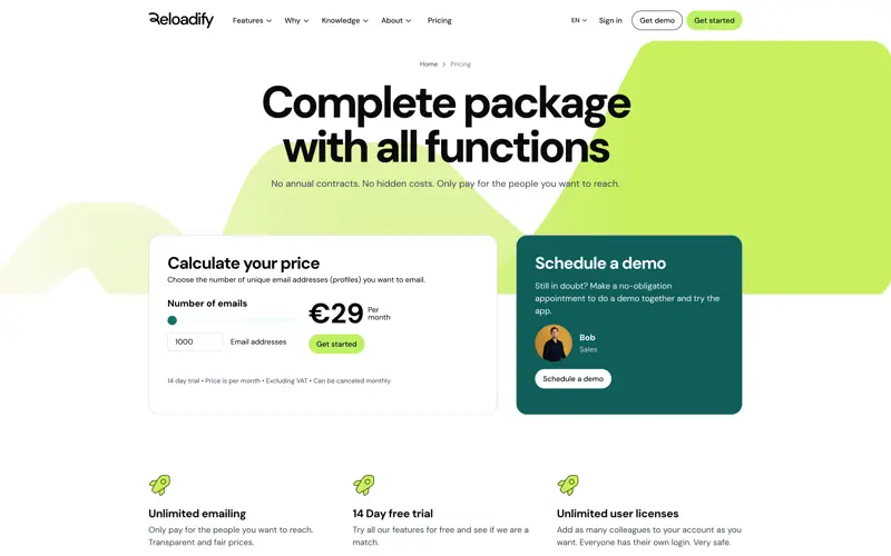Reloadify pricing page using the same modular brand system