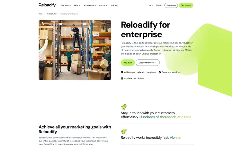 Reloadify audience page built from the modular page system
