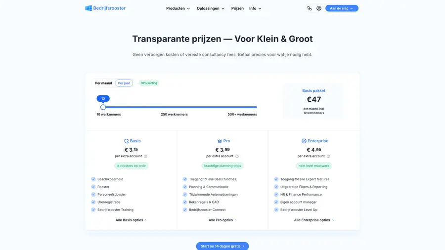 Pricing page — Bedrijfsrooster