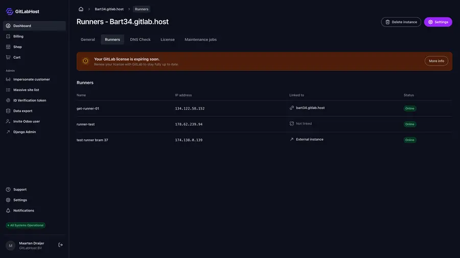 GitlabHost Dashboard screenshot: /1-2-instance-runners/