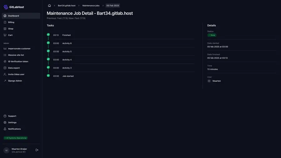 GitlabHost Dashboard screenshot: /1-5-1-instance-maintenance-job-detail/