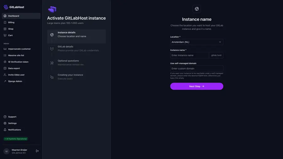 GitlabHost Dashboard screenshot: /2-1-1-activate-instance-instance-details/