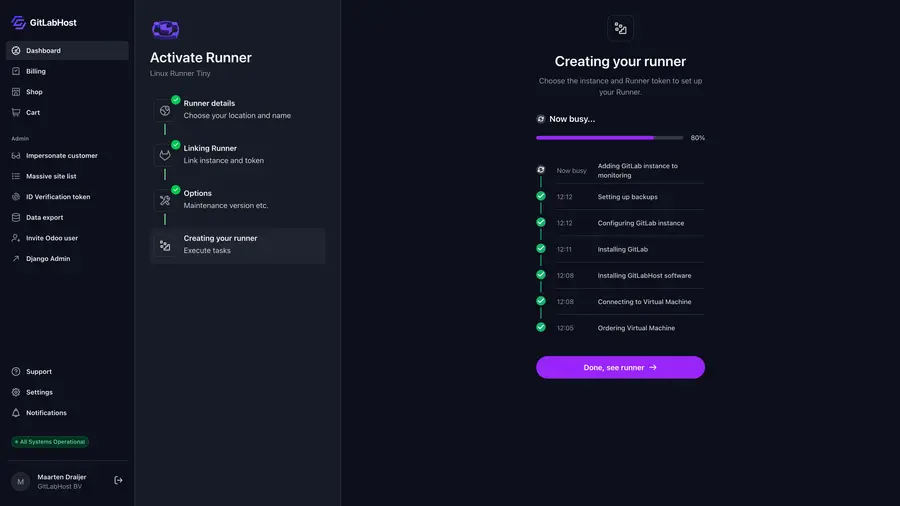 GitlabHost Dashboard screenshot: /2-2-4-activate-runner-creating/