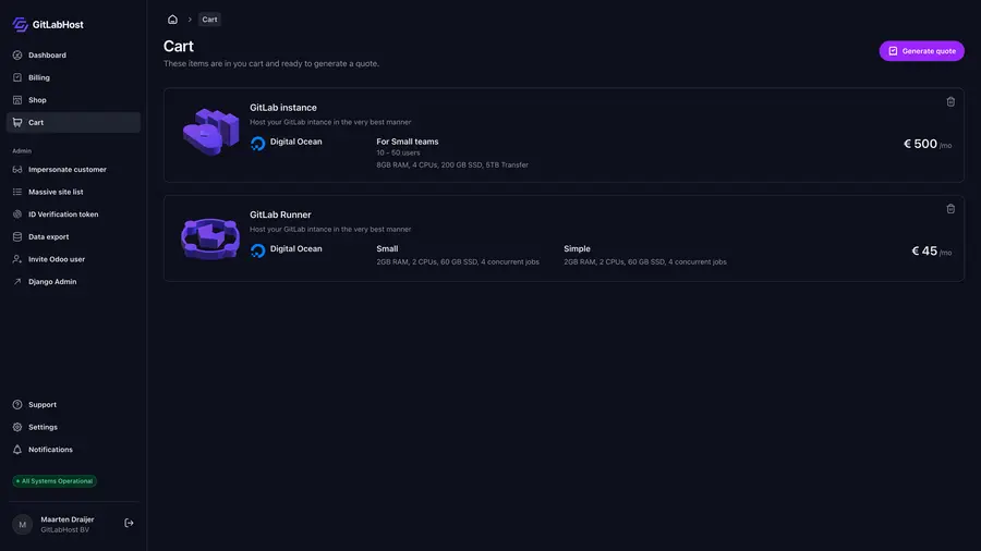 GitlabHost Dashboard screenshot: /5-0-cart/