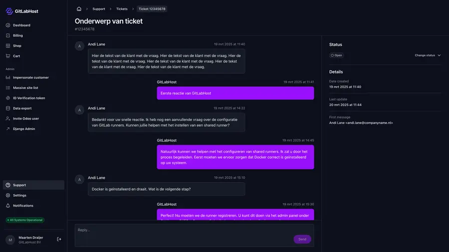GitlabHost Dashboard screenshot: /6-1-1-support-ticket-detail/12345678/