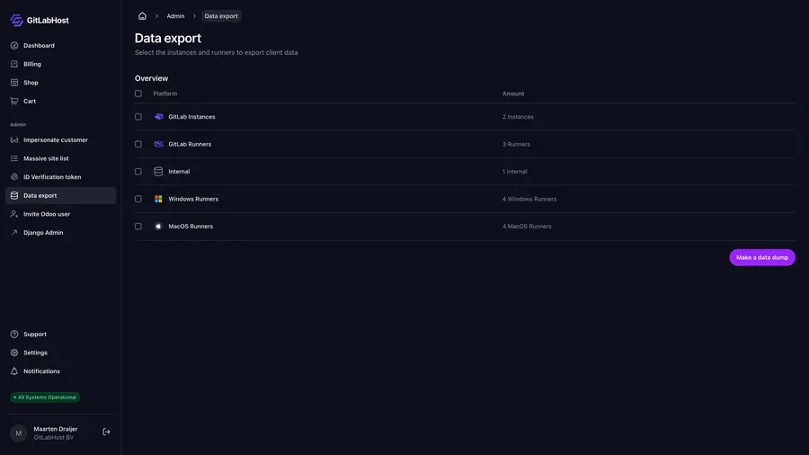 GitlabHost Dashboard screenshot: /9-5-admin-data-export/