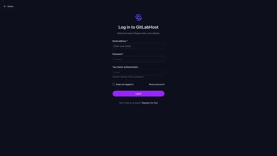GitlabHost Dashboard screenshot: /auth/login/