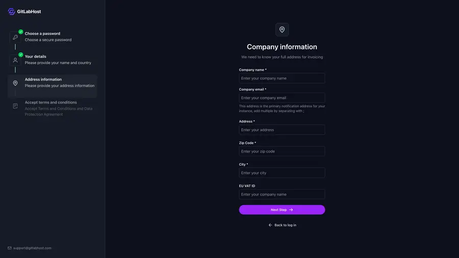 GitlabHost Dashboard screenshot: /auth/register/address-company/