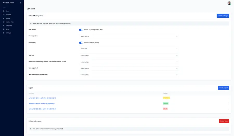 Reloadify App screenshot: Admin / Shop edit