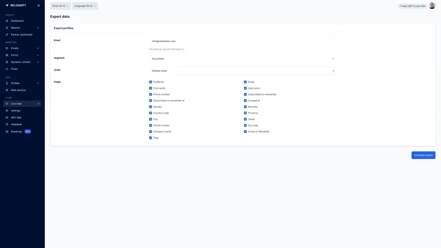 Reloadify App screenshot: Data sources / Exports / Profile