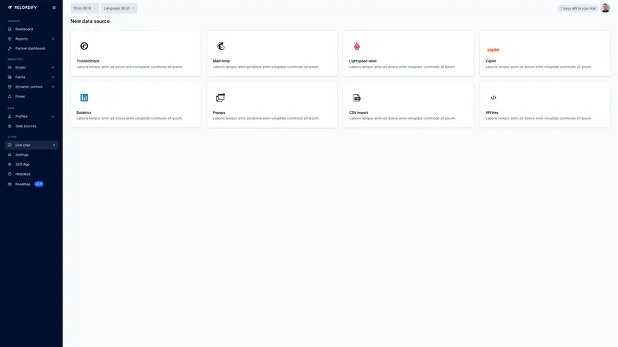 Reloadify App screenshot: Data sources / New