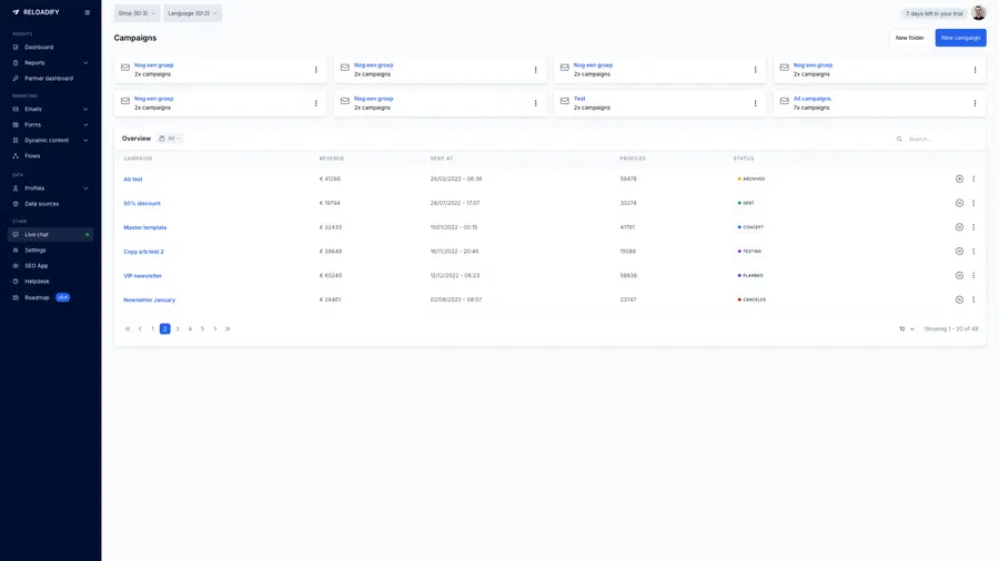Reloadify App screenshot: Email / Campaigns / Overview folders
