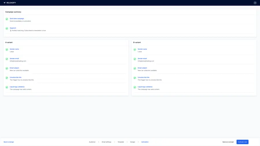 Reloadify App screenshot: Email / Campaigns / Step5 ab