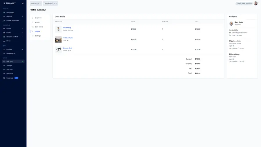 Reloadify App screenshot: Profiles / Order