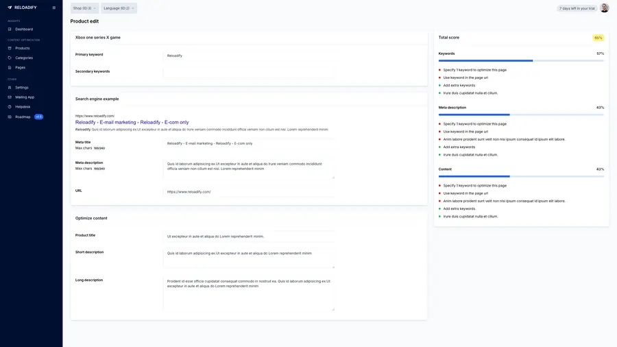 Reloadify App screenshot: Seo / Product item