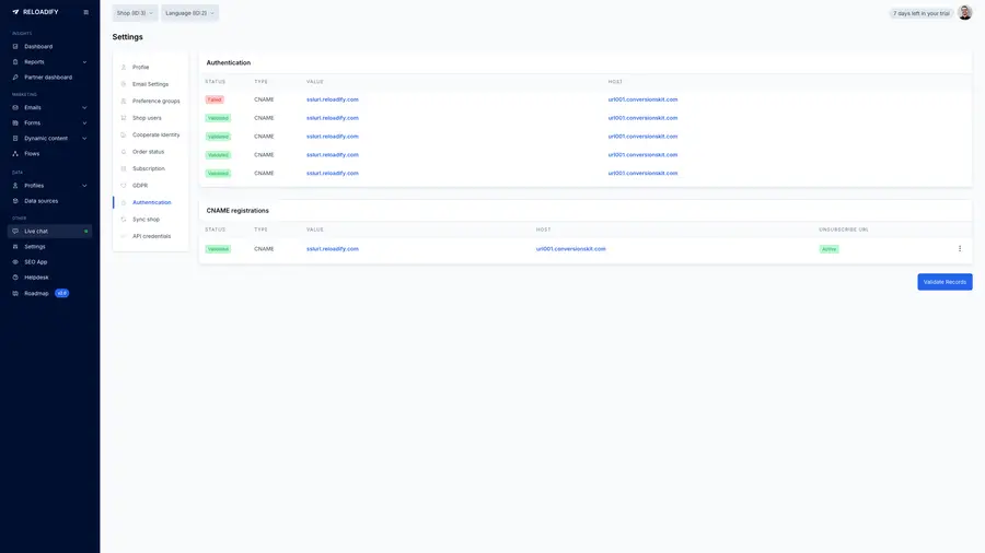 Reloadify App screenshot: Settings / Authentication