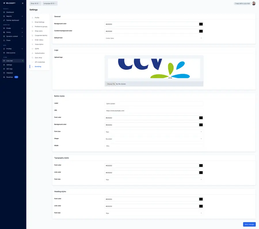 Reloadify App screenshot: Settings / Branding