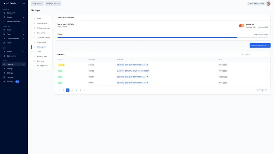Reloadify App screenshot: Settings / Subscription
